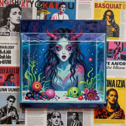 acrylic painting of a bizarre nightmare woman in front of an aquarium in tokyo, mixed media collage by basquiat and jackson pollock, maximalist magazine collage art, retro psychedelic illustration, 1 9 9 0 s