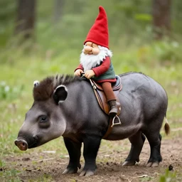 A photograph of a gnome riding a tapir.