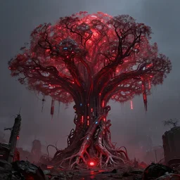 landscape, cyberpunk alien tree of life, cyberpunk, leds, bionics, augments, sci fi, horror, monstrous, red, highly detailed, complex, intricate, matte painting, cinematic, by rhads and mohrbacher and zdzislaw beksinski and akira,