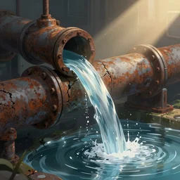 water is constantly flowing through cracks in the rusted pipes, extremely detailed, cyberpunk background, cinematic lighting, illustration, digital art, crepuscular ray, trending on artstation, art by wlop and greg rutkowski