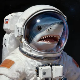 digital painting, full body astronaut shark head, transparent helmet in space, beksinski,