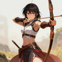 anime girl with a bow and arrow, female archer, angry, warrior, realistic, fire emblem heroes archery japanese cartoon woman, artstation trending, concept art, digital painting