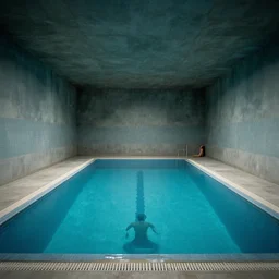 backrooms swimming pool liminal space, a little man lost in immensity by zdzislaw beksinski