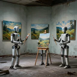 robots in an abandoned decrepit art gallery, photos of natural landscapes on walls, robots stand in front of landscape paintings, robots holding paintbrushes and easels, landscape paintings on canvas, 4 k, dramatic lighting, cinematic lighting, robot painter, canvases