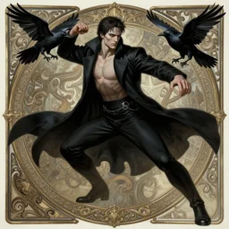elegant renaissance concept art of a male young muscular neo from matrix 1 as sandman from vertigo comics, the crow 1 9 9 4, full figure dynamic fighting pose, pale skin!, gothic, black overcoat, fantasy, intricate, highly detailed, digital painting, artstation, smooth, sharp focus, illustration, art by artgerm and greg rutkowski and alphonse mucha