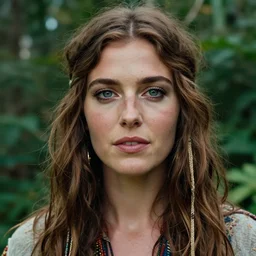 half - body portrait of hippie goddess in garden masterpiece happiness by jim burns doyle, tim detailed ultrarealistic expressive eyes dynamic cinematic dramatic