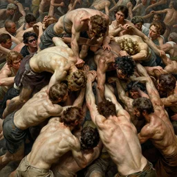 hundreds of humans climbing on each other, highly detailed, digital painting, matte, sharp focus, art by wlop, greg rutkowski, alphonse mucha, frank frzetta, boris vallejo, bouguereau, beksinski, cinematic, octane render