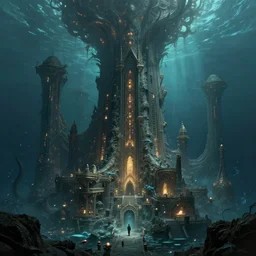 atlantide, the lost underwater city, cthulhu, intricate, elegant, glowing lights, highly detailed, digital painting, artstation, concept art, smooth, sharp focus, illustration, loneliness, great space, zdzisław beksinski, 8 k, very high resolution, astrophotography, processing, extremely hyperdetailed