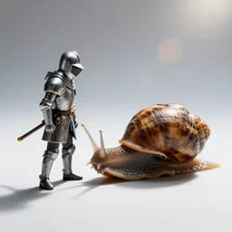 a tiny knight fighting a snail, professional macro photography, dramatic, lens flare