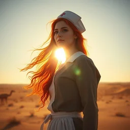 portrait of a nurse with long red hair, blazing sun, in a huge desert, fantasy by emile friant