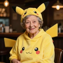 a smiling lovely cute granny in a pokemon costume. dimly lit bar background. editorial photography