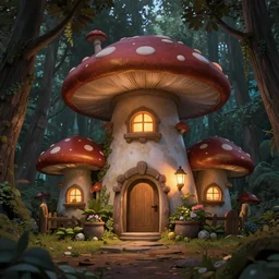a fantasy style mushroom house in the middle of the woods, with a lantern lighting the entrance, 8k, ambient lighting, digital art, trending on art station