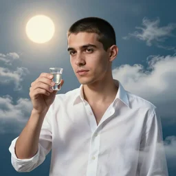 portrait of a ( ( ( una tequila shot ) ) ), ( ( bellaco guapo joven cubano pelo buzzed camisa blanca ) ), nubes y magia, el sol, concept character, by magali villeneuve an greg rutowski and mucha and bierstadt and remington, trending on artstation