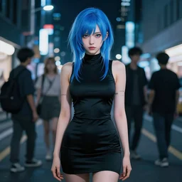 hyper realistic photograph portrait of cyberpunk pretty girl with blue hair, wearing a tight black dress, in city street at night, by makoto shinkai, ilya kuvshinov, lois van baarle, rossdraws, basquiat
