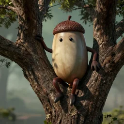 anthropomorphic acorn criminal, sitting in a tree, photorealistic, 3 d model, unreal engine, octane render, ultra quality, eerie lighting, dynamic shadows, 4 k