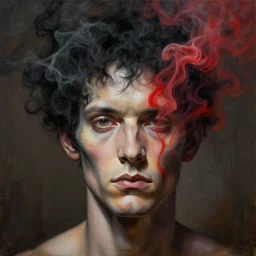 my head is covered with black and red smoke, a painting by h. r giger. hyper detailed portrait.
