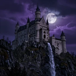 castle of dracula carved into a tall mountain side, black waterfall, cliff, purple clouds, full moon, dramatic lighting, artstation, matte painting, raphael lacoste, simon stalenhag, frank lloyd wright