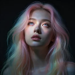 dramatic lighting portrait of a beautiful! young woman with very light skin and rainbow colored cotton candy hair. moody and melancholy. dark background with powerful rim light. enhanced eye details with reflection, looking up. digital art by beeple