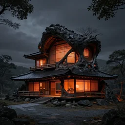 epic exterior photo of a futuristic organic japanese house, dramatic lighting, black and orange colour palette, long shot, archviz