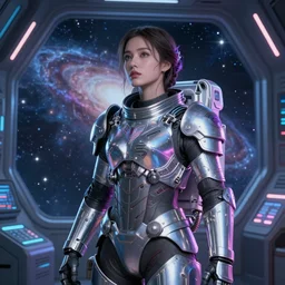 portrait armored astronaut girl, inside spaceship command room viewing galaxy, ssci-fi neon light effect flushing and fantasy, intricate and very very beautiful and elegant, highly detailed, digital painting, artstation, concept art, smooth and sharp focus, illustration, art by tian zi and WLOP and alphonse mucha