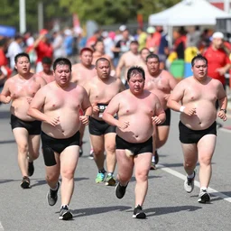 an action photo of the annual mini fat man race. many little fat men in swimsuits are having an extreme running race. they are hot, red and sweating profusely.