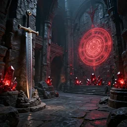 this is a dark castle channel made of huge stones, a rune sword statue, a wall inlaid with red crystals, and a luminous magic circle. narrative lighting, extremely super - detailed, intricate, epic composition, trending on artstation, by sergey vasnev and jan urschel