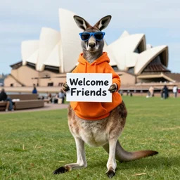 A portrait photo of a kangaroo wearing an orange hoodie and blue sunglasses standing on the grass in front of the Sydney Opera House holding a sign on the chest that says Welcome Friends