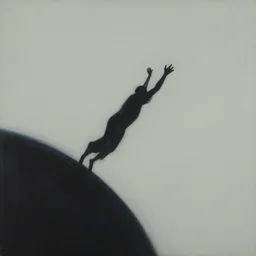 abstract painting illustrating a creature jumping from the edge of a planet, its hands are reaching for something in the sky. no details.