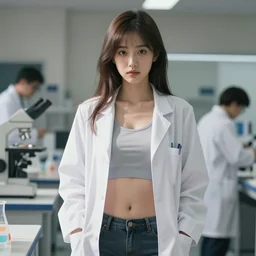attractive scientist girl in the labcoat, white lab coat, sport bra and shorts, visible stomach, by tsuaii and Jordan Grimmer and greg rutkowski, Trending artstation, pixiv, digital Art