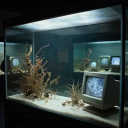 spooky creepy liminal space, display case, aquatic exhibition science museum, dried aquarium, computer screens, photo taken on 1 9 8 0 s fujifilm superia