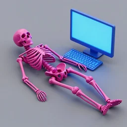 the skeleton lies on the ground in front of the computer, magenta and blue