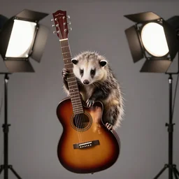 photoshoot of an virginia opossum hanging from a guitar, studio lighting, national geographic style, 5 0 mm