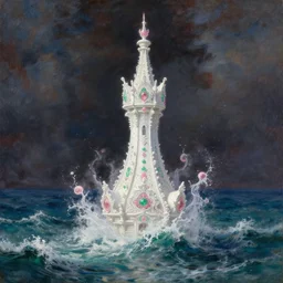 a delicate ornate white fantasy tower with pink and green decoration splashes upwards from a turbulent ocean, dramatic lighting, rich colors, beautiful oil painting by artgerm and greg rutkowski