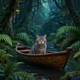 cat in a boat, ferns, jungle, night, stars, highly detailed, unreal engine render concept art