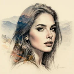 a very beautiful woman face with beautiful mountain scenery creative double exposure effect, medium sized tattoo sketch, amazing detail, trending on pinterest, in the style of brandon kidwell