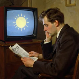 attractive man reading the weather report live on tv 1 9 4 8 melancholy, nostalgia, painting by gaston bussiere, craig mullins, j. c. leyendecker