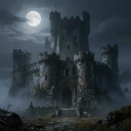 beautiful matte painting castle ruins, fog, night, moonlight, fantasy, high detail