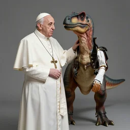 pope Francis in colonial gear petting a velociraptor