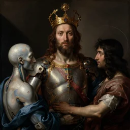 a portrait of cyborg king connected to a man-machine interface by Caravaggio, renaissance style