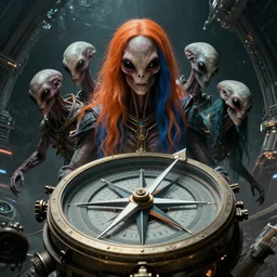 movie still of space compass, a 4 headed alien, beyon comprehension chaos space station, one point with long orange - blue parted hair by wayne d barlowe, alex ross, enric torres, hyper realism, cinematical, narrative light, muted colors, epic, hyper detailed, awe inspiring, award winning horror, narrative lighting, hyper realism, cinematical