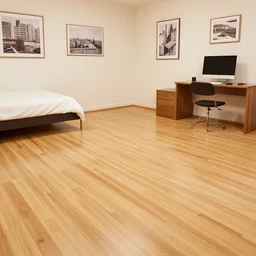 a spacious room with a floor made out of bamboo wood, pictures on one of the walls, a bed, and a desk with a computer on top of it. - award winning, 8 k, photorealistic
