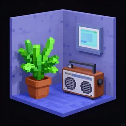 a digital painting of a voxel room containing a potted plant and a radio, a low poly render by edward okun, symmetry, polycount, computer art, vaporwave, # screenshotsaturday, voxel art