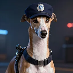 portrait art of brown white greyhound as a police officer, art by alessio albi 8 k ultra realistic, lens flare, atmosphere, glow, detailed, intricate, full of colour, led lighting, trending on artstation, 4 k, hyperrealistic, focused, extreme details, unreal engine 5, masterpiece