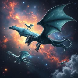 alien dragon flying through outer space, epic nebula, by dan seagrave art