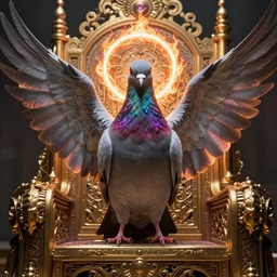 magical pigeon close-up portrait, perched on intricate throne, ancient high tech, cyberpunk, dystopian, royal pigeon, divine grey wings, burning halo, intricate artwork by Tooth Wu and Wlop and Beeple, Greg Rutkowski, James Gilleard, very coherent symmetrical artwork, golden ratio, cinematic, hyper realism, high detail, octane render, unreal engine, 8k, Vibrant colors, Smooth gradients, High contrast, depth of field, aperture f1.2