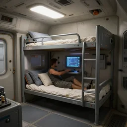 Room of a spacecraft, with a bunk, photo realistic, playing, CGI, Unreal Engine, Hdri
