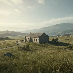 A serene landscape with a singular building in the style of game of thrones