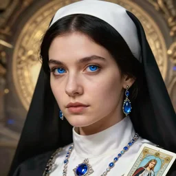 hyperrealistic detailed portrait of a Russian female cleric, fantasy, D&D, black hair, blue eyeball, blue jewellery, soft features, elegant, artstation, intricate details, tarot card, cinematic, vibrant