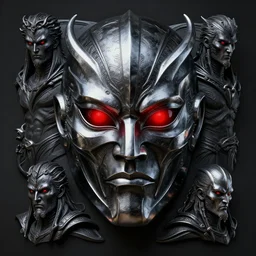 black and silver hannaya mask, eyes red glow, polished 3 d sculpture rendered by billelis feat luminokaya in visionary fineart style. 8 k hyper ornated maximalist and overdetailed. powerful dark scifi, darlok emperor portrait shot by andrei riabovitchev, tomasz alen kopera, luminokaya. influenced by, giger and peter gric masters of orion