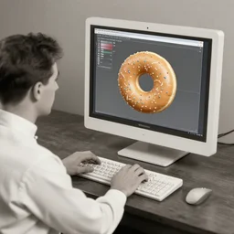 an early 1900s photo of someone on a computer making a donut in blender